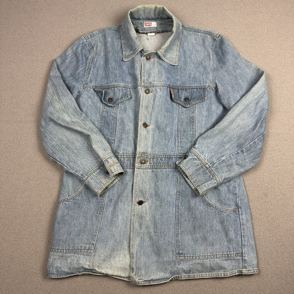 Vintage 70s Levi’s Split Tail Denim Chore Jacket Men’s XL Blue Orange Tab